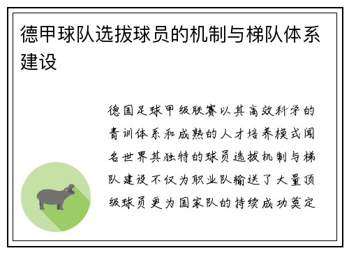 德甲球队选拔球员的机制与梯队体系建设